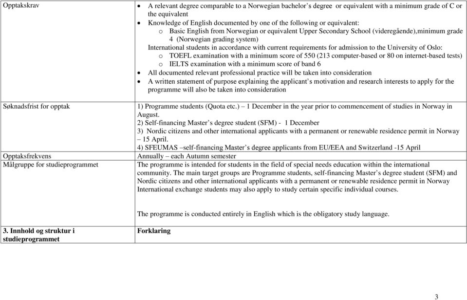 requirements for admission to the University of Oslo: o TOEFL examination with a minimum score of 550 (213 computer-based or 80 on internet-based tests) o IELTS examination with a minimum score of