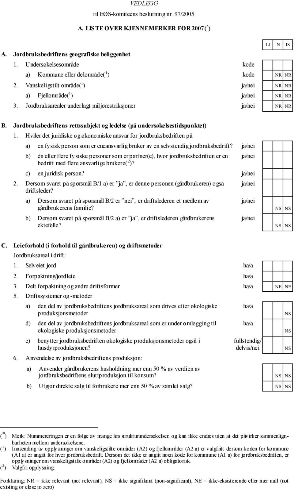 Jordbruksarealer underlagt miljørestriksjoner ja/nei NR NR B. Jordbruksbedriftens rettssubjekt og ledelse (på undersøkelsestidspunktet) 1.