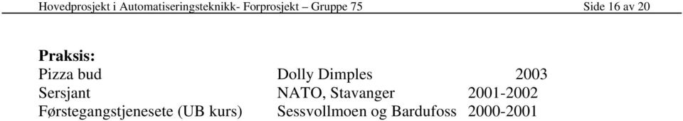 Dimples 2003 Sersjant NATO, Stavanger 2001-2002