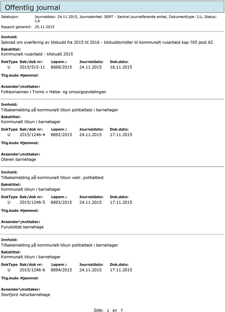 8668/2015 16.11.2015 Fylkesmannen i Troms v Helse- og omsorgsavdelingen Tilbakemelding på kommunalt tilsyn politiattest i barnehager Kommunalt tilsyn i barnehager 2015/1246-4 8692/2015 17.11.2015 Oteren barnehage Tilbakemelding på kommunalt tilsyn vedr.