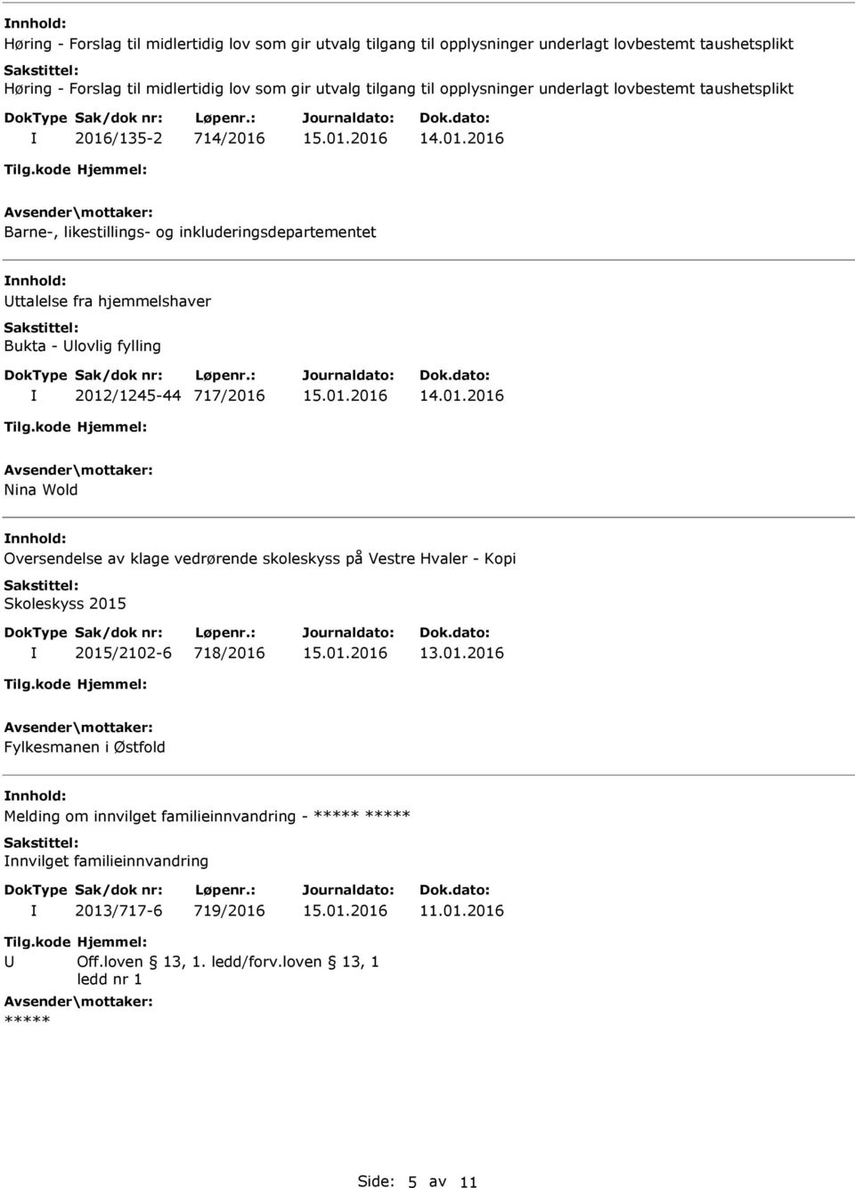 2012/1245-44 717/2016 Nina Wold Oversendelse av klage vedrørende skoleskyss på Vestre Hvaler - Kopi Skoleskyss 2015 2015/2102-6 718/2016 13.01.2016 Fylkesmanen i Østfold Melding om innvilget familieinnvandring - ***** ***** nnvilget familieinnvandring 2013/717-6 719/2016 11.