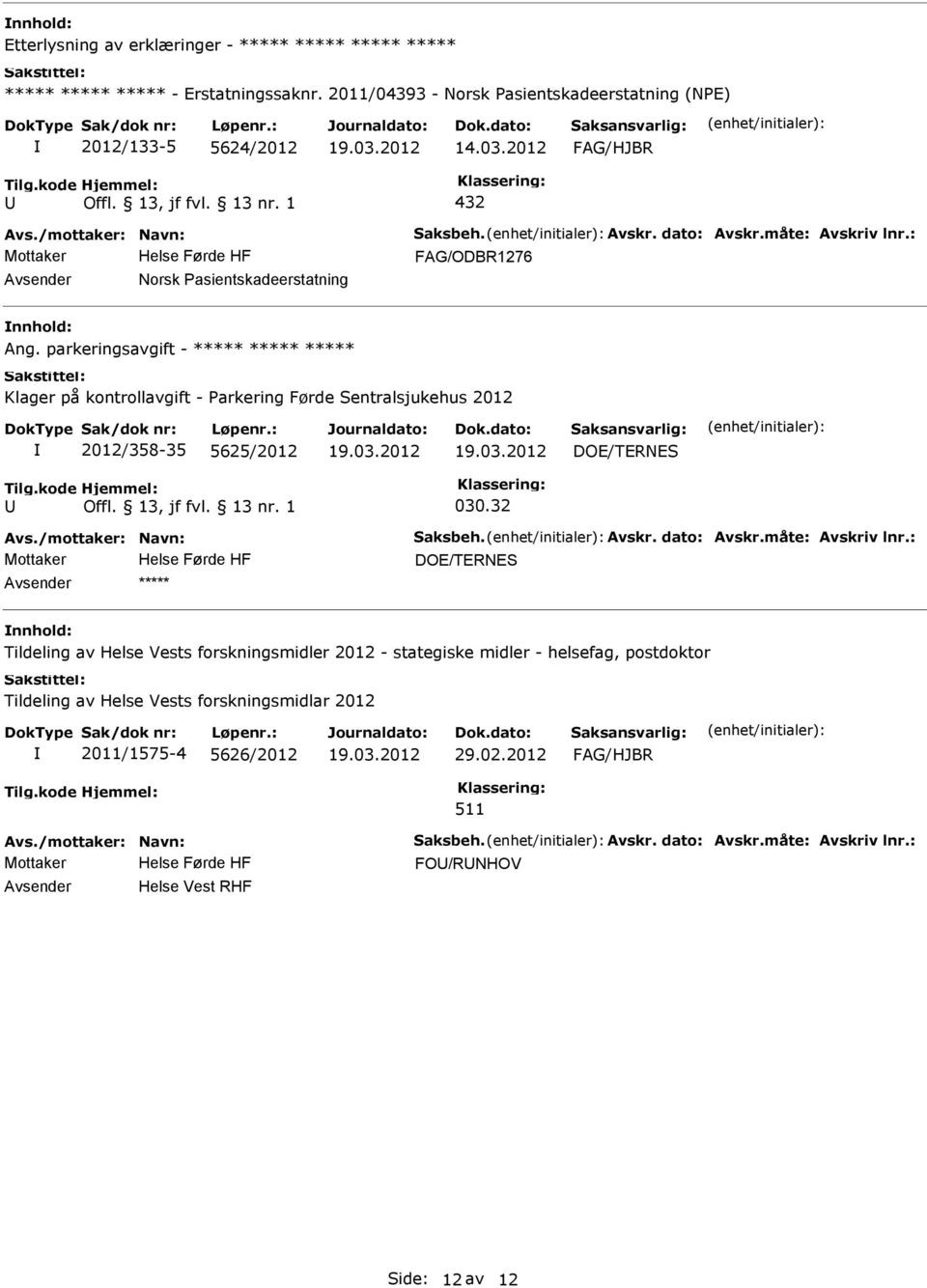 parkeringsavgift - ***** ***** ***** 2012/358-35 5625/2012 ***** nnhold: Tildeling av Helse Vests forskningsmidler 2012 -