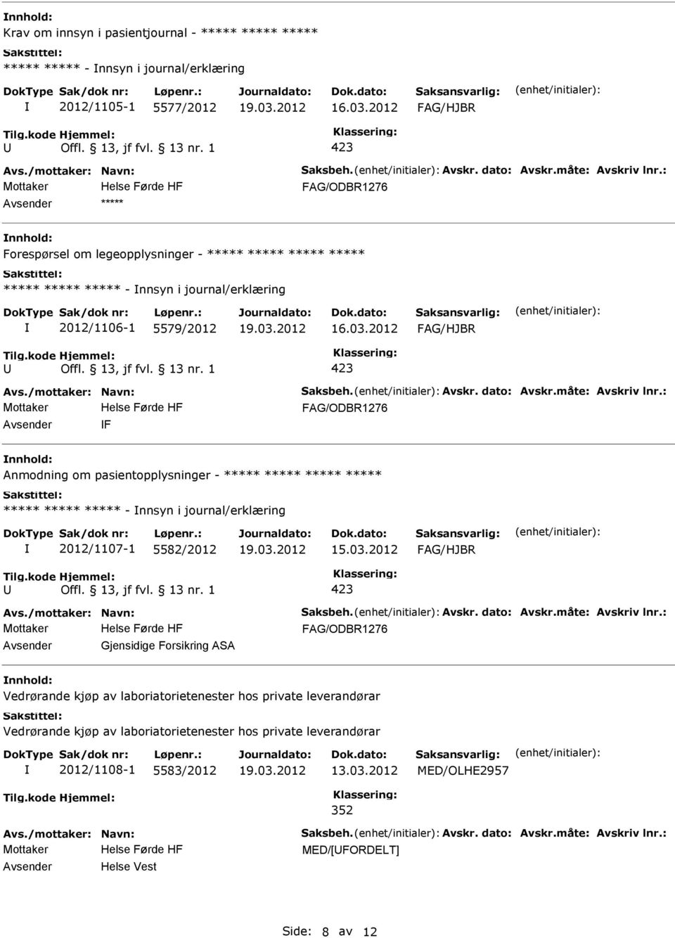 ***** ***** ***** ***** ***** ***** - nnsyn i journal/erklæring 2012/1107-1 5582/2012 Gjensidige Forsikring ASA nnhold: Vedrørande kjøp av laboriatorietenester