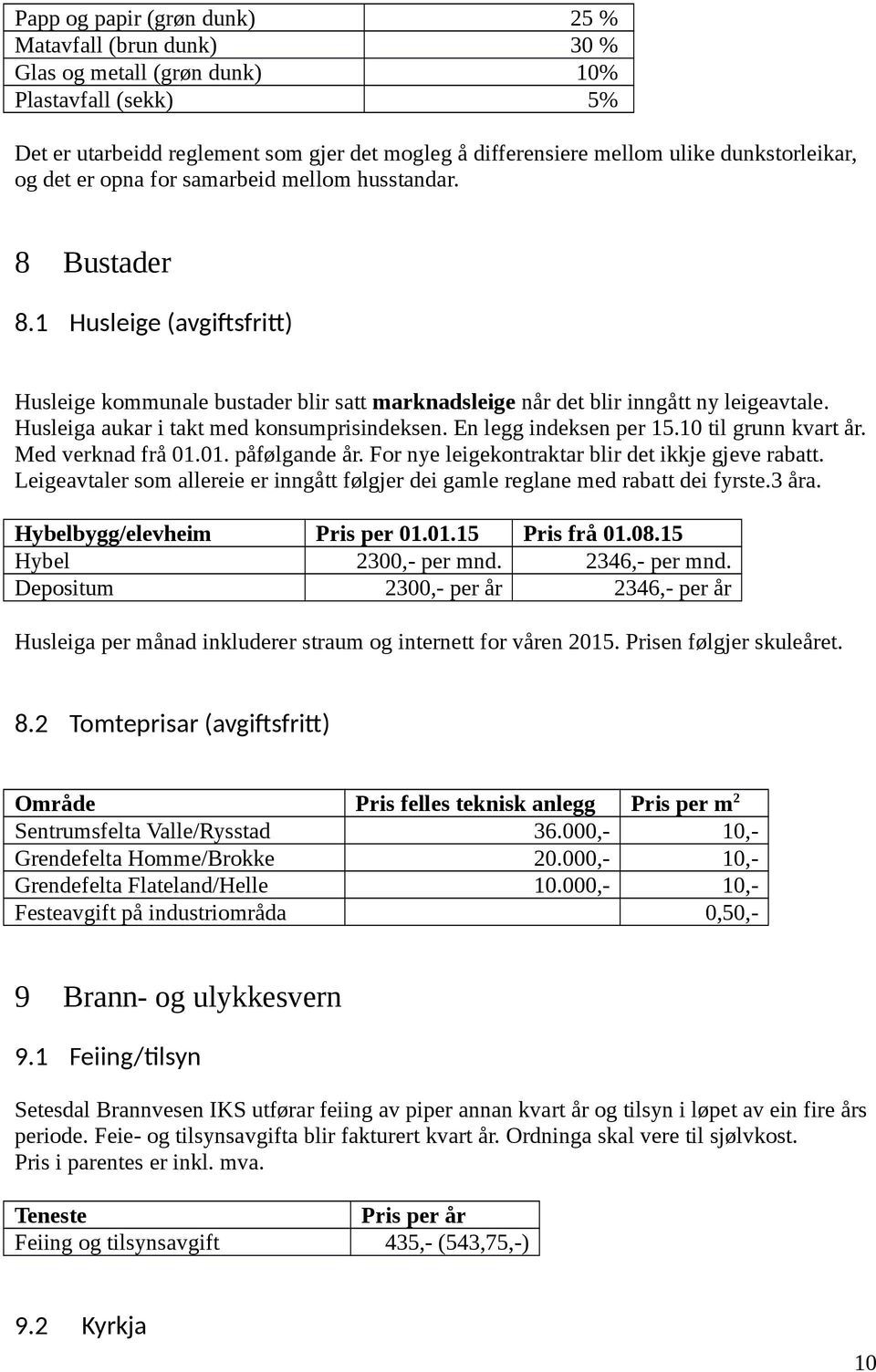 Husleiga aukar i takt med konsumprisindeksen. En legg indeksen per 15.10 til grunn kvart år. Med verknad frå 01.01. påfølgande år. For nye leigekontraktar blir det ikkje gjeve rabatt.