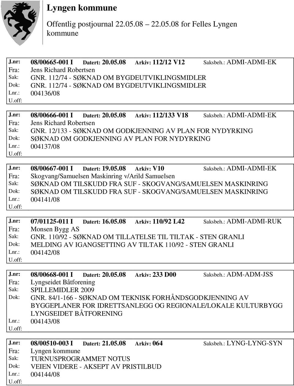 12/133 - SØKNAD OM GODKJENNING AV PLAN FOR NYDYRKING Dok: SØKNAD OM GODKJENNING AV PLAN FOR NYDYRKING Lnr.: 004137/08 J.nr: 08/00667-001 I Datert: 19.05.08 Arkiv: V10 Saksbeh.