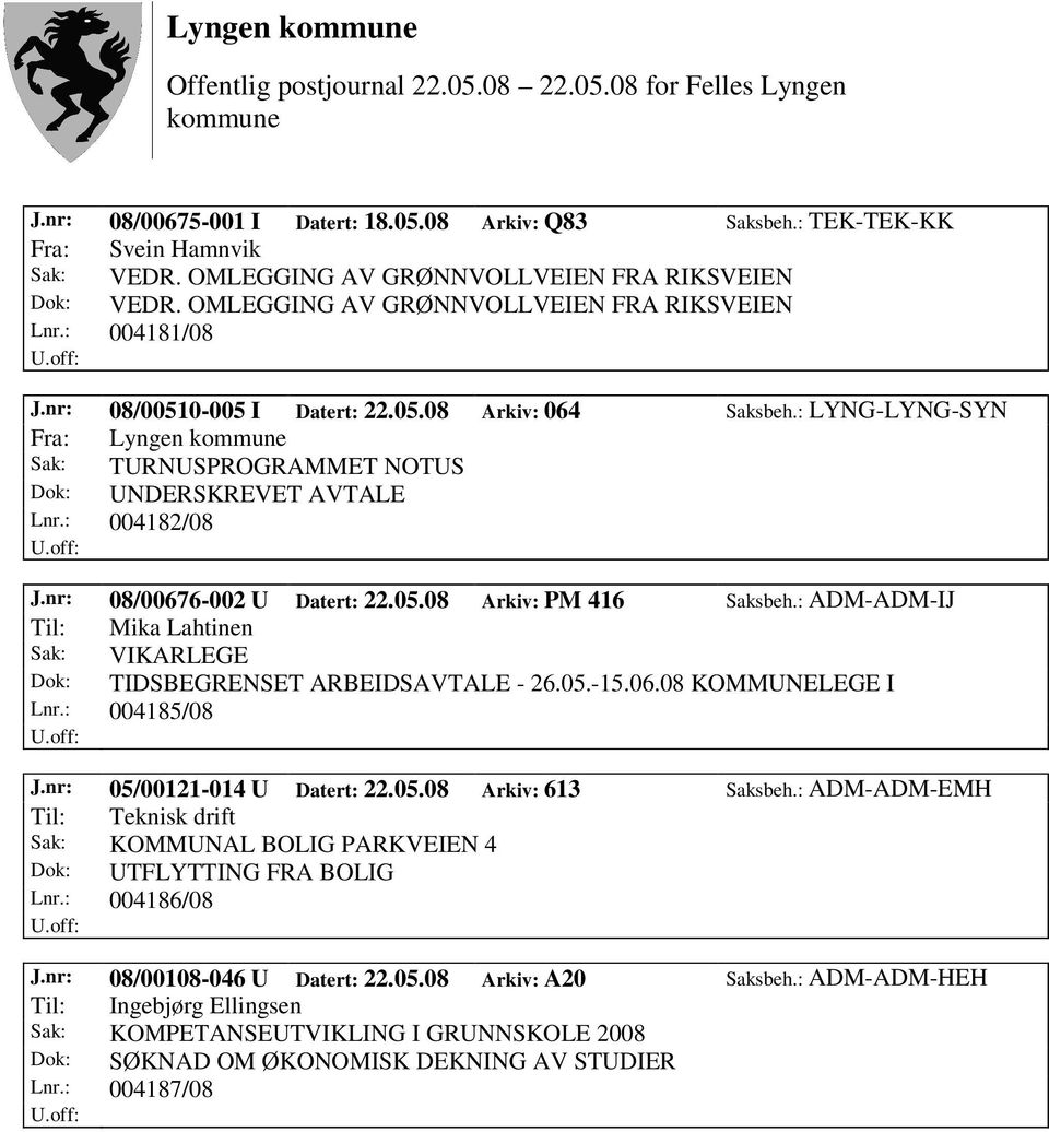 : ADM-ADM-IJ Til: Mika Lahtinen Sak: VIKARLEGE Dok: TIDSBEGRENSET ARBEIDSAVTALE - 26.05.-15.06.08 KOMMUNELEGE I Lnr.: 004185/08 J.nr: 05/00121-014 U Datert: 22.05.08 Arkiv: 613 Saksbeh.