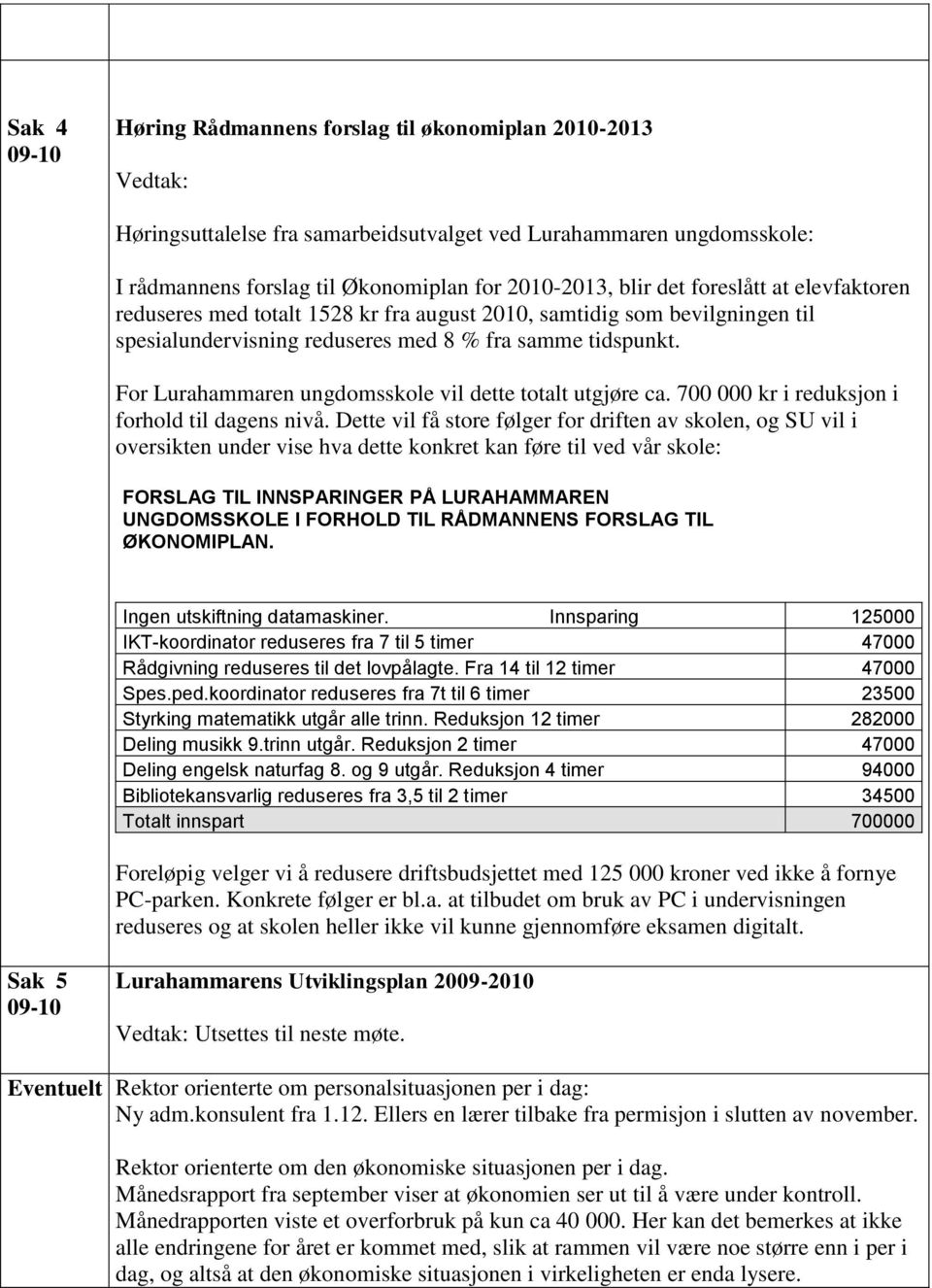 For Lurahammaren ungdomsskole vil dette totalt utgjøre ca. 700 000 kr i reduksjon i forhold til dagens nivå.