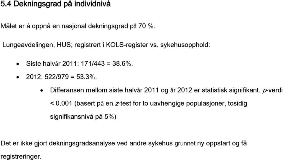 2012: 522/979 = 53.3%. Differansen mellom siste halvår 2011 og år 2012 er statistisk signifikant, p-verdi < 0.