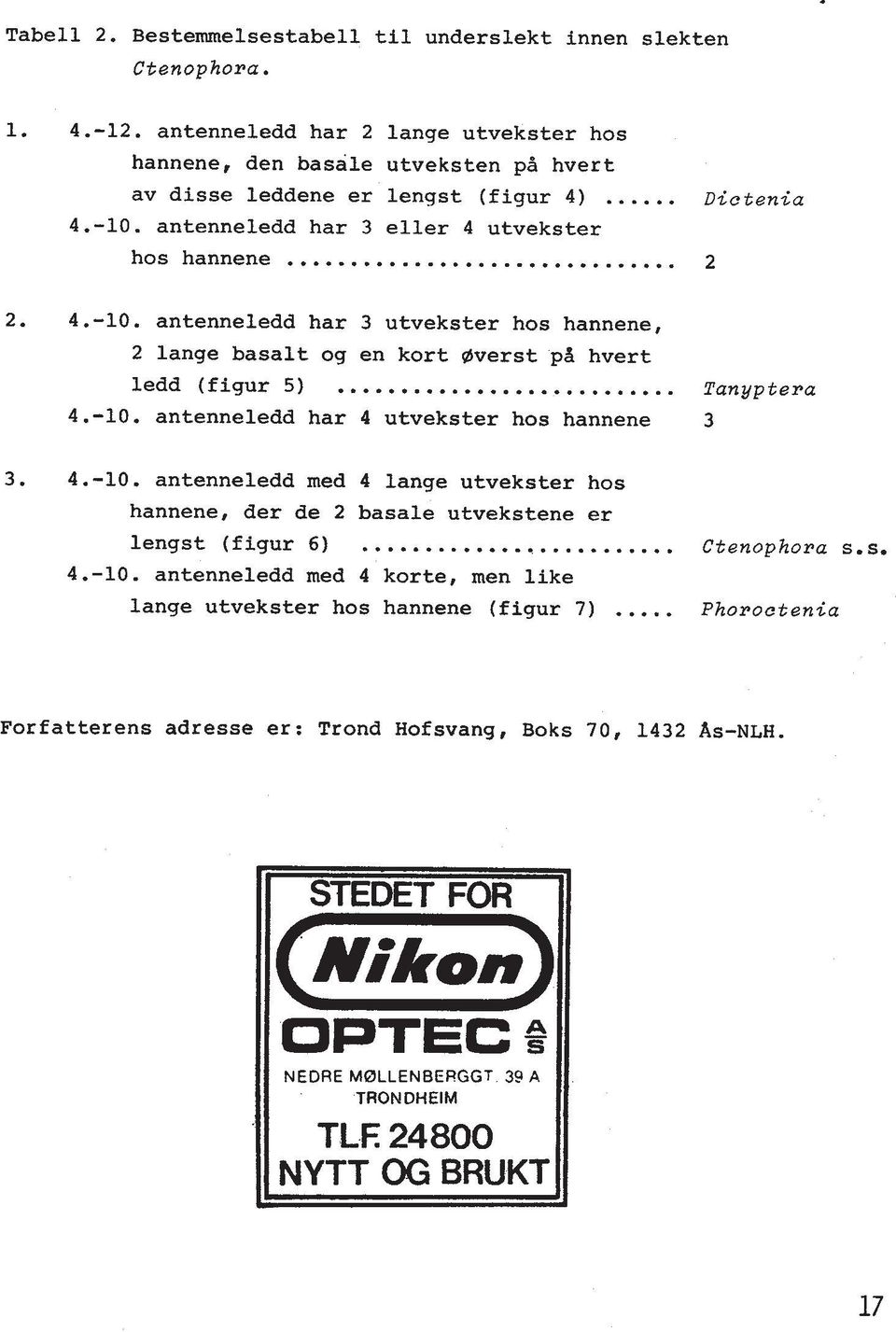 -10. antenneledd har 4 utvekster hos hannene 3 3. 4.-10. antenneledd med 4 lange utvekster hos hannene, der de 2 basale utvekstene er lengst (figur 6)... Ctenophora S.S. 4.-10. antenneledd med 4 korte, men like lange utvekster hos hannene (figur 7).