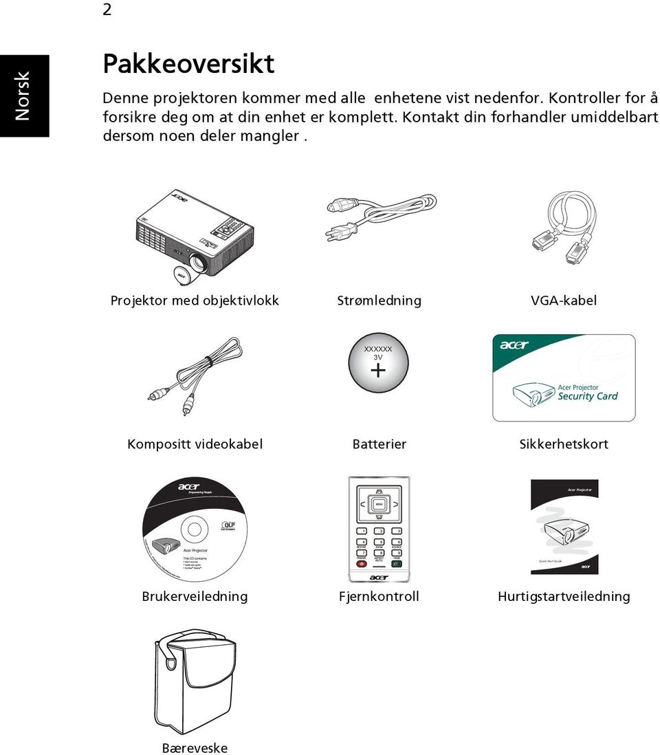 Kontakt din forhandler umiddelbart dersom noen deler mangler.