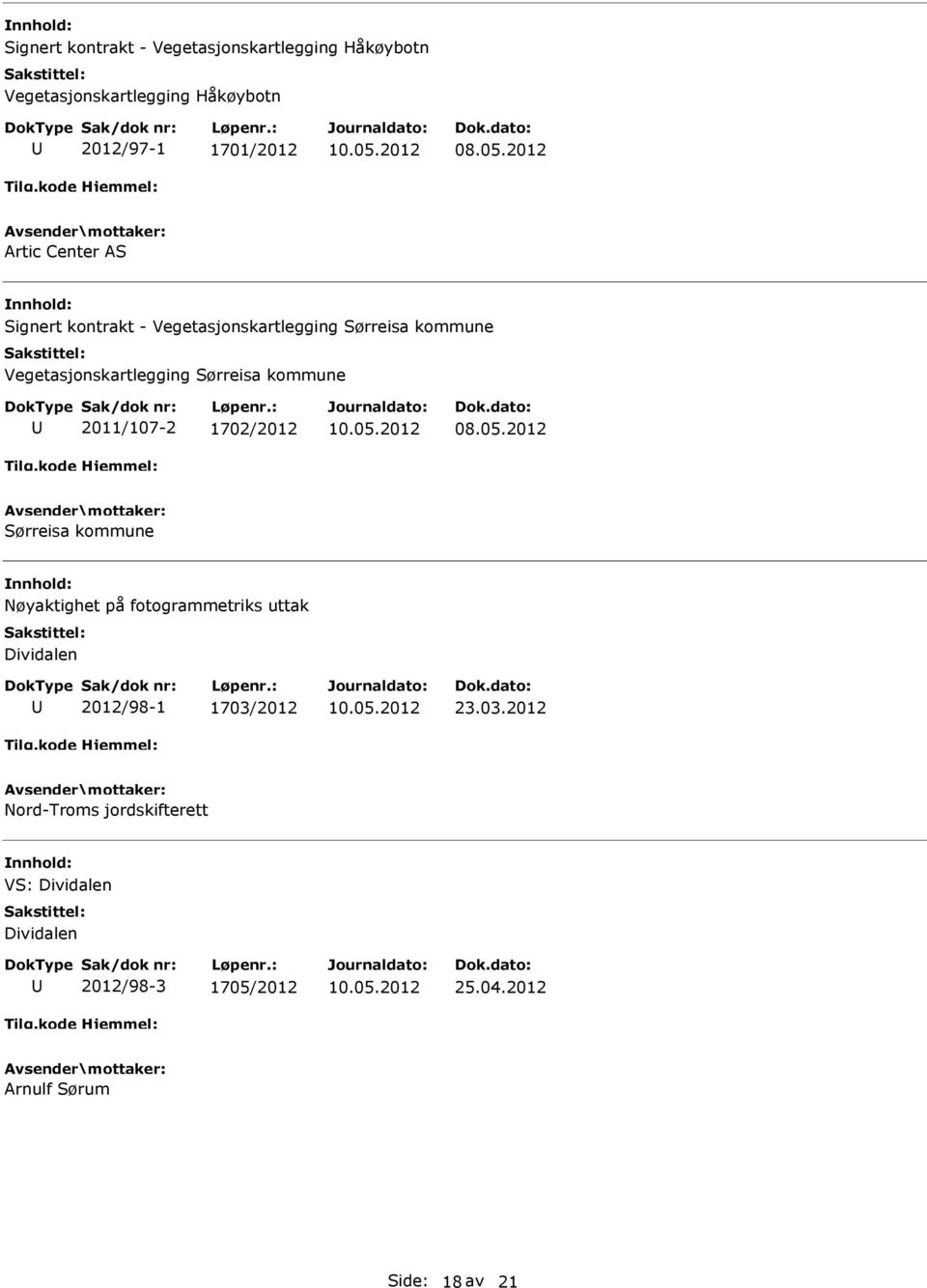 2011/107-2 1702/2012 Sørreisa kommune Nøyaktighet på fotogrammetriks uttak Dividalen 2012/98-1 1703/