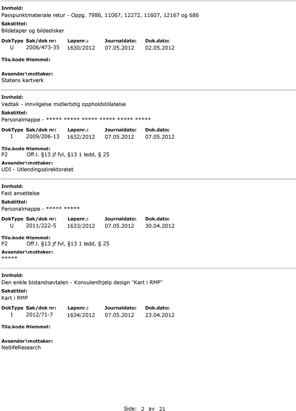 else midlertidig oppholdstillatelse Personalmappe - 2009/206-13 1632/2012 P2 Off.l. 13 jf fvl, 13 1 ledd, 25 D - tlendingsdirektoratet Fast ansettelse Personalmappe - 2011/222-5 1633/2012 30.