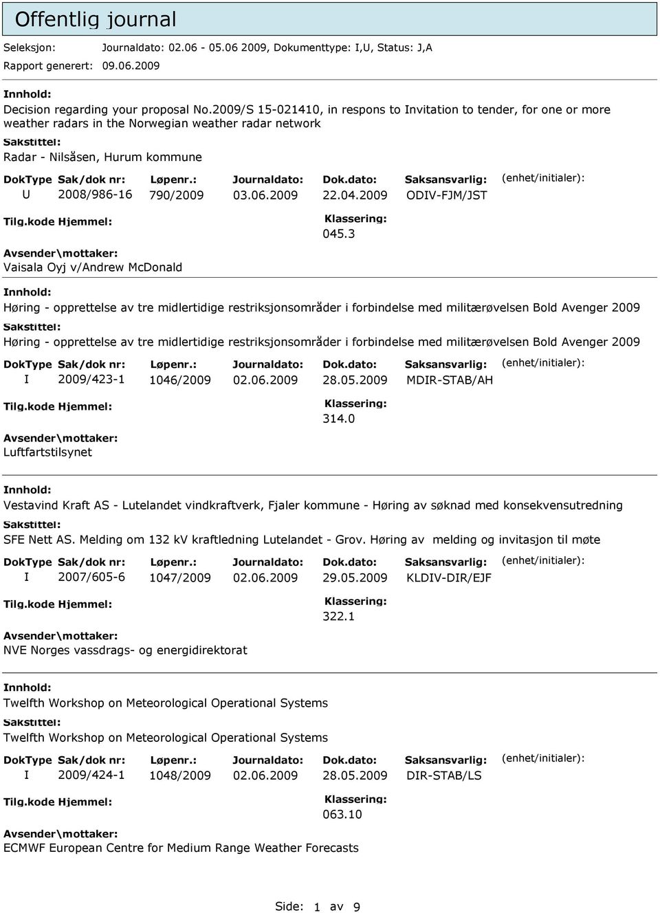 2009 ODV-FJM/JST Vaisala Oyj v/andrew McDonald Høring - opprettelse av tre midlertidige restriksjonsområder i forbindelse med militærøvelsen Bold Avenger 2009 Høring - opprettelse av tre midlertidige