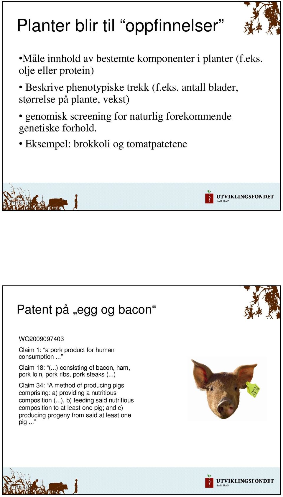 Eksempel: brokkoli og tomatpatetene Patent på egg og bacon WO2009097403 Claim 1: a pork product for human consumption... Claim 18: (.
