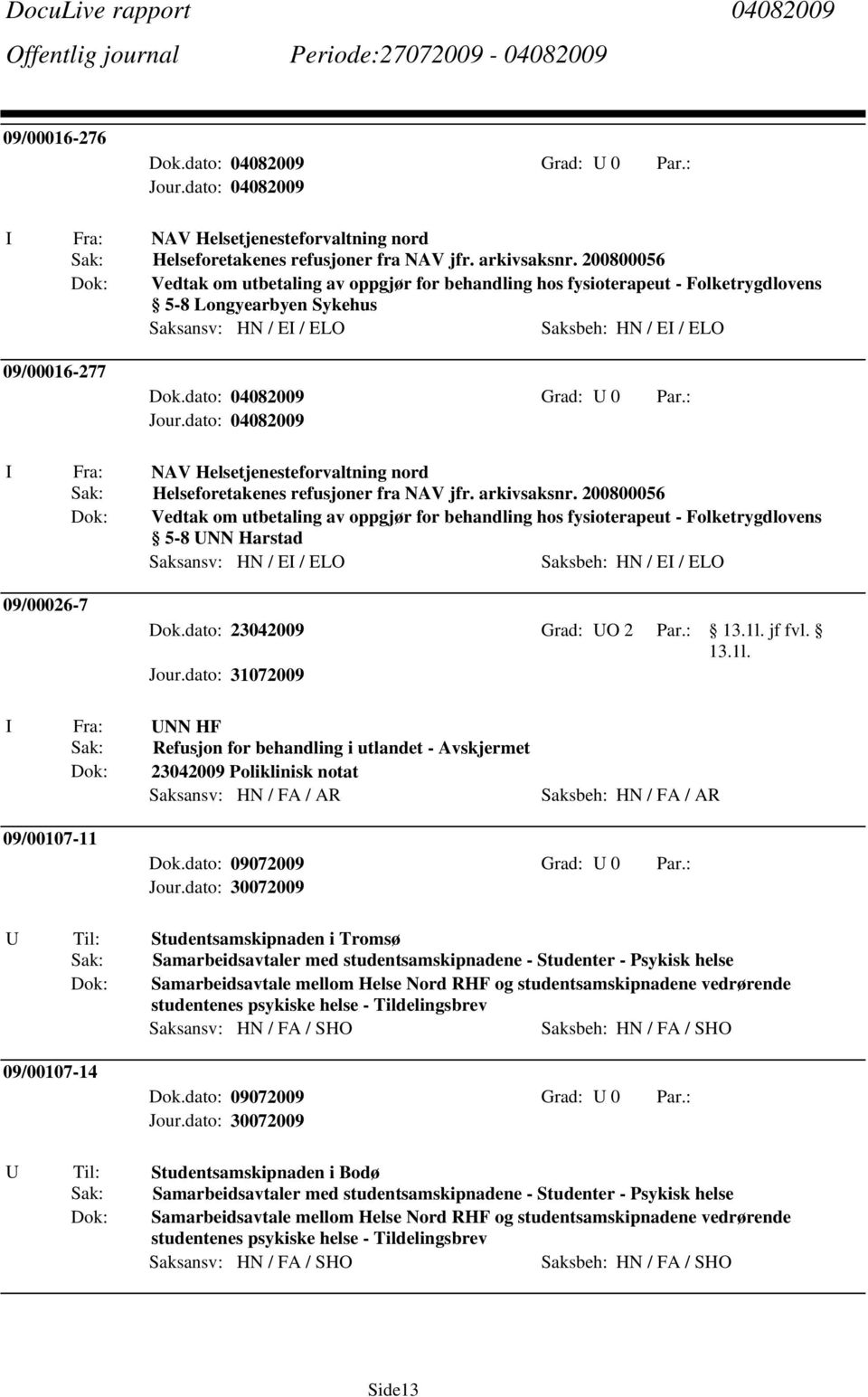 dato: 04082009 Grad: U 0 Par.: NAV Helsetjenesteforvaltning nord Helseforetakenes refusjoner fra NAV jfr. arkivsaksnr.