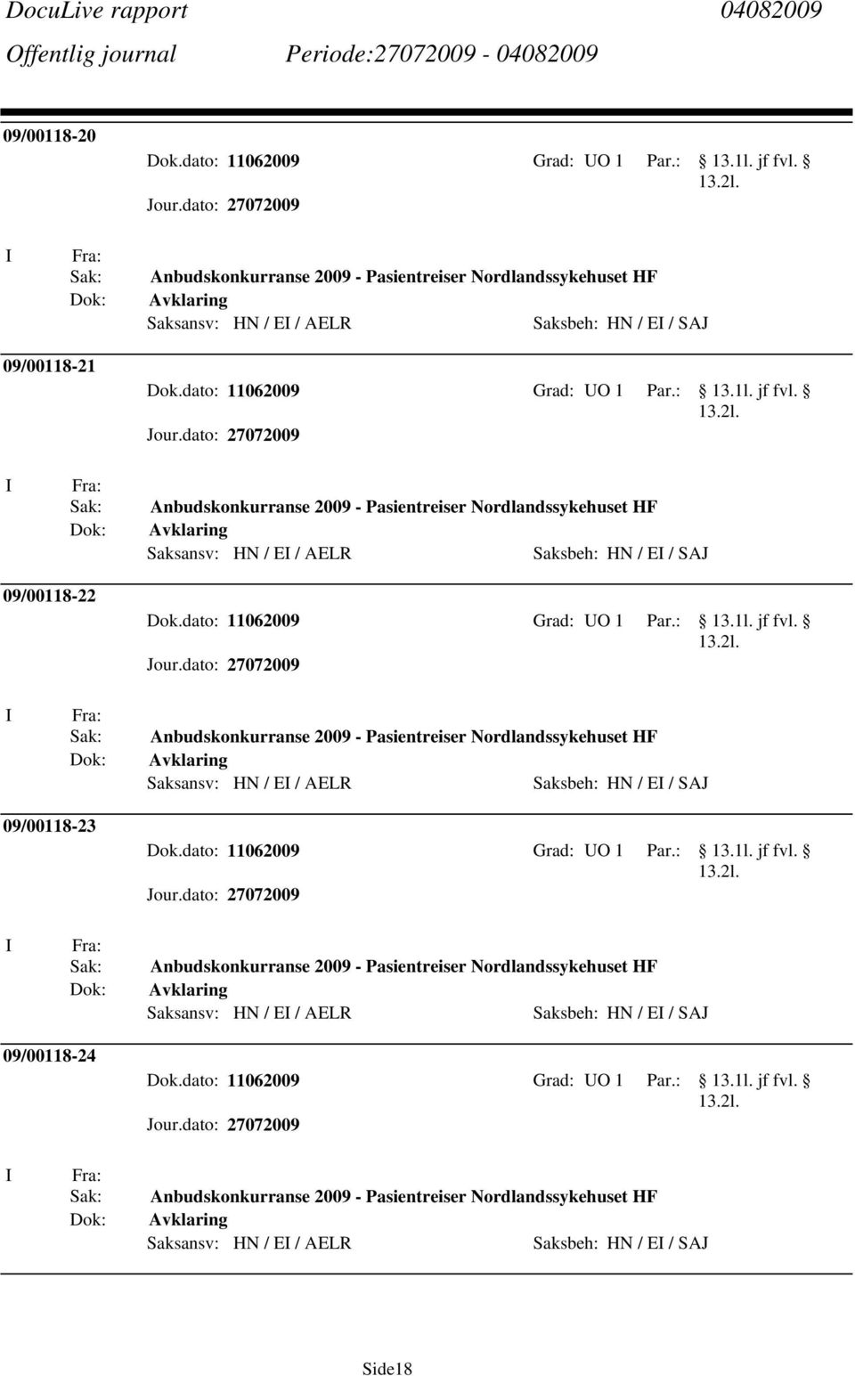 Nordlandssykehuset HF Saksansv: HN / E / AELR Saksbeh: HN / E / SAJ 09/00118-23 Anbudskonkurranse 2009 - Pasientreiser Nordlandssykehuset HF Saksansv: