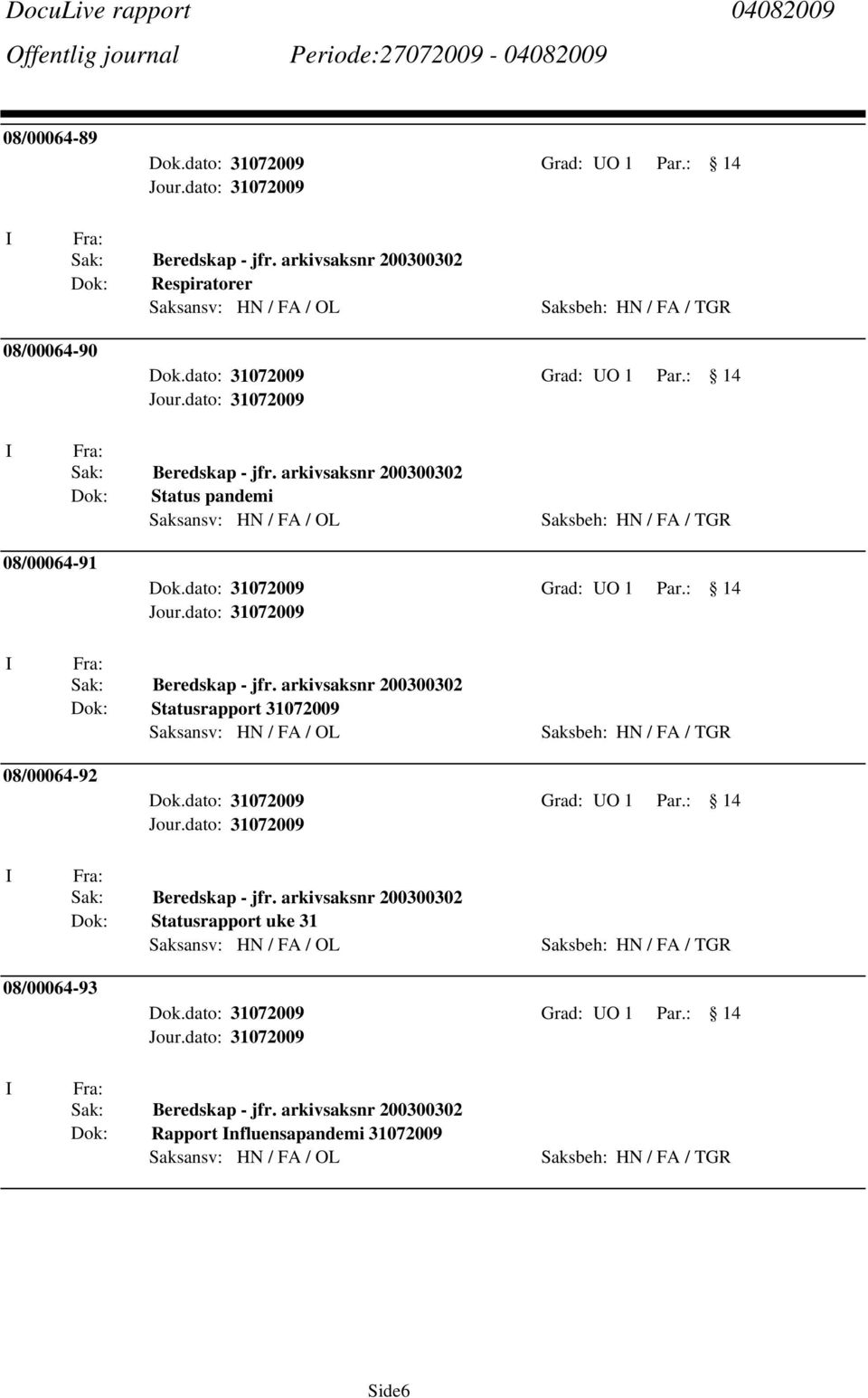 dato: 31072009 Grad: UO 1 Par.: 14 Beredskap - jfr. arkivsaksnr 200300302 Statusrapport uke 31 08/00064-93 Dok.