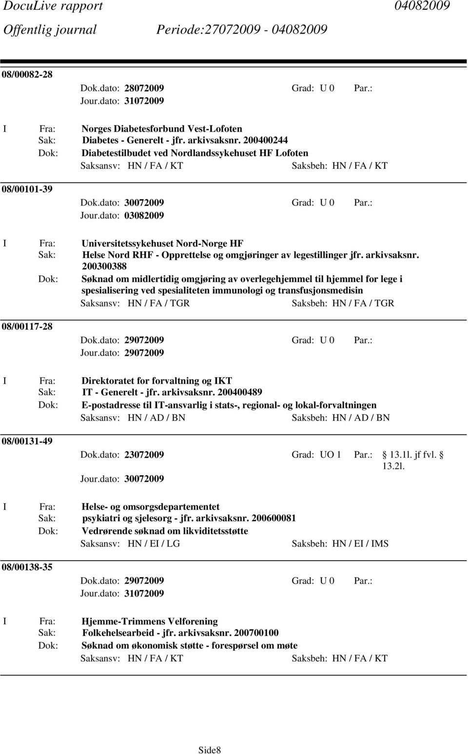 dato: 03082009 Universitetssykehuset Nord-Norge HF Helse Nord RHF - Opprettelse og omgjøringer av legestillinger jfr. arkivsaksnr.