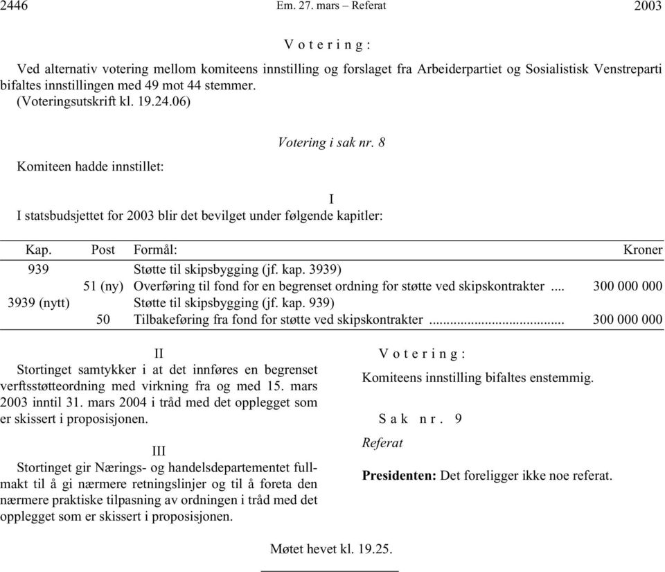 tler: Kap. Post Formål: Kroner 939 Støtte til skipsbygging (jf. kap. 3939) 51 (ny) Overføring til fond for en begrenset ordning for støtte ved skipskontrakter.