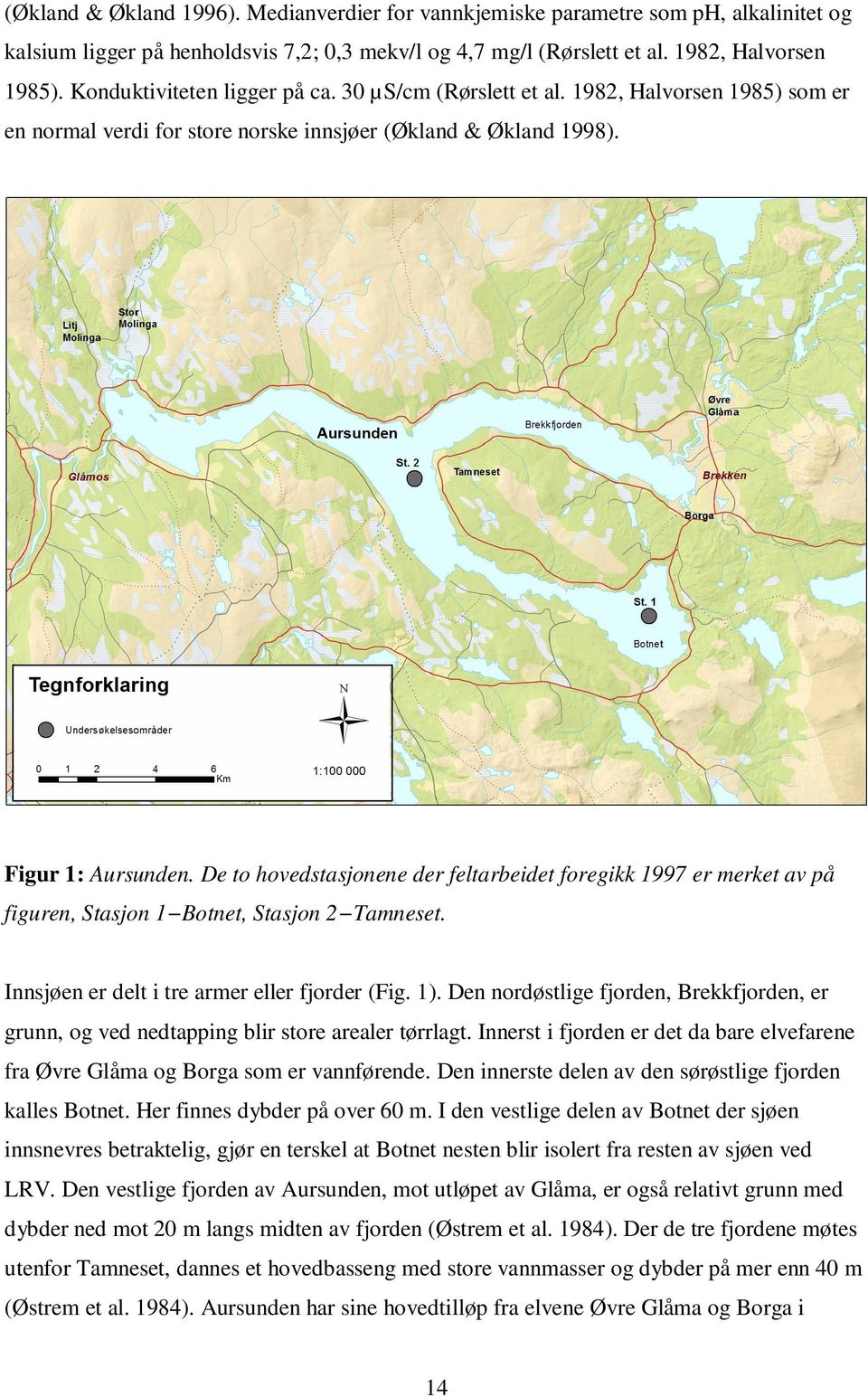 De to hovedstasjonene der feltarbeidet foregikk 1997 er merket av på figuren, Stasjon 1 Botnet, Stasjon 2 Tamneset. Innsjøen er delt i tre armer eller fjorder (Fig. 1).