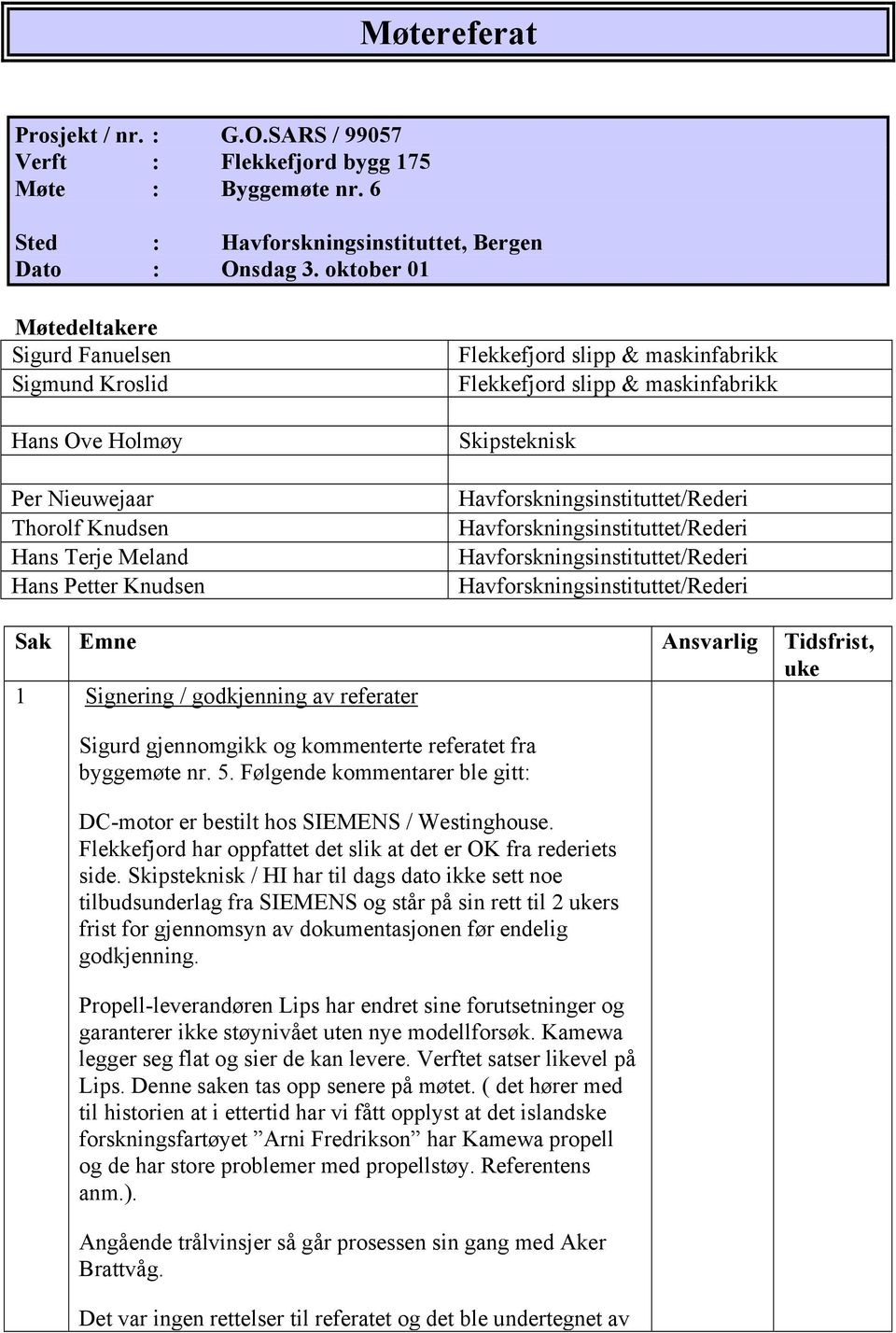 maskinfabrikk Skipsteknisk Sak Emne Ansvarlig Tidsfrist, 1 Signering / godkjenning av referater Sigurd gjennomgikk og kommenterte referatet fra byggemøte nr. 5.