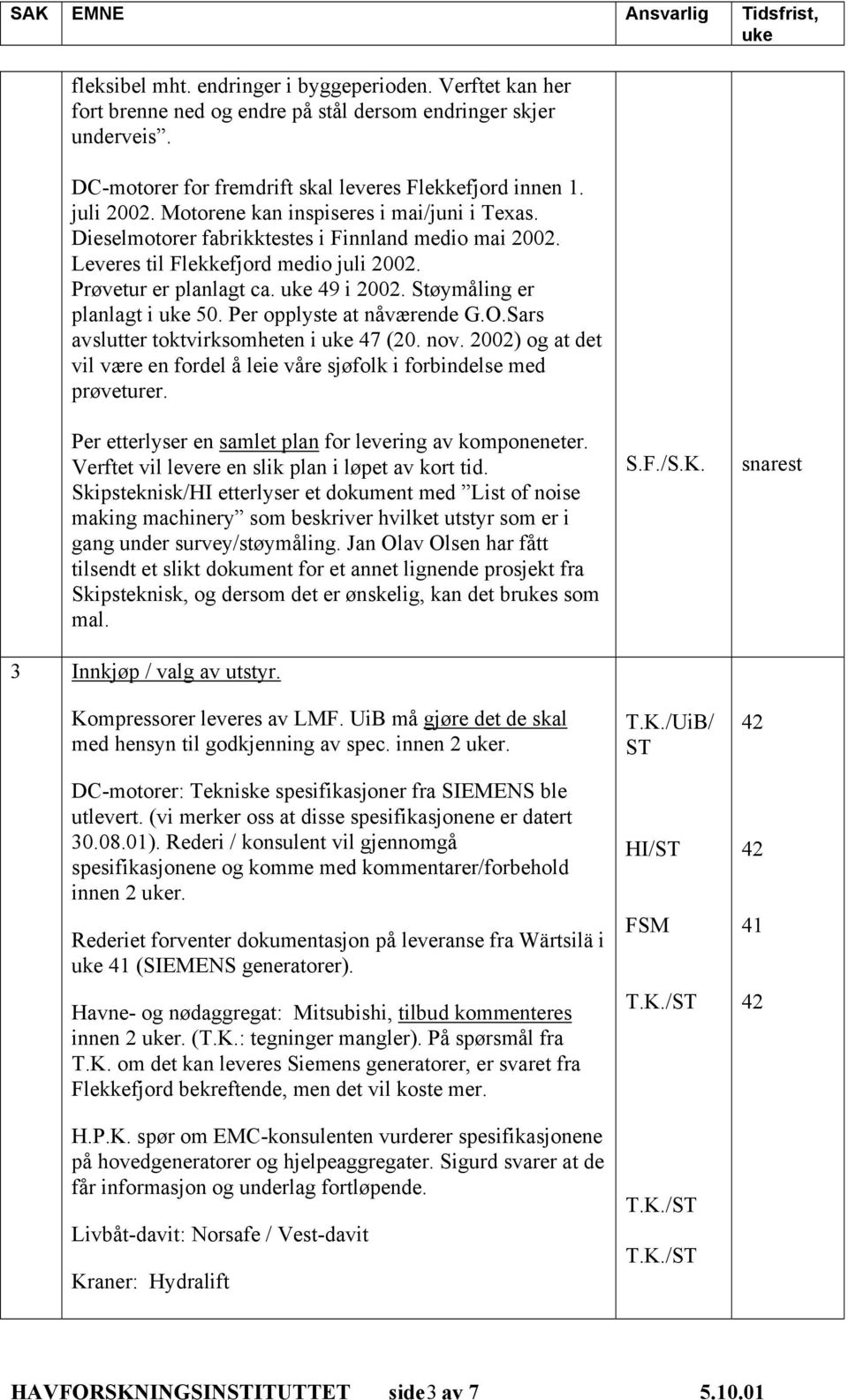 Støymåling er planlagt i 50. Per opplyste at nåværende G.O.Sars avslutter toktvirksomheten i 47 (20. nov. 2002) og at det vil være en fordel å leie våre sjøfolk i forbindelse med prøveturer.