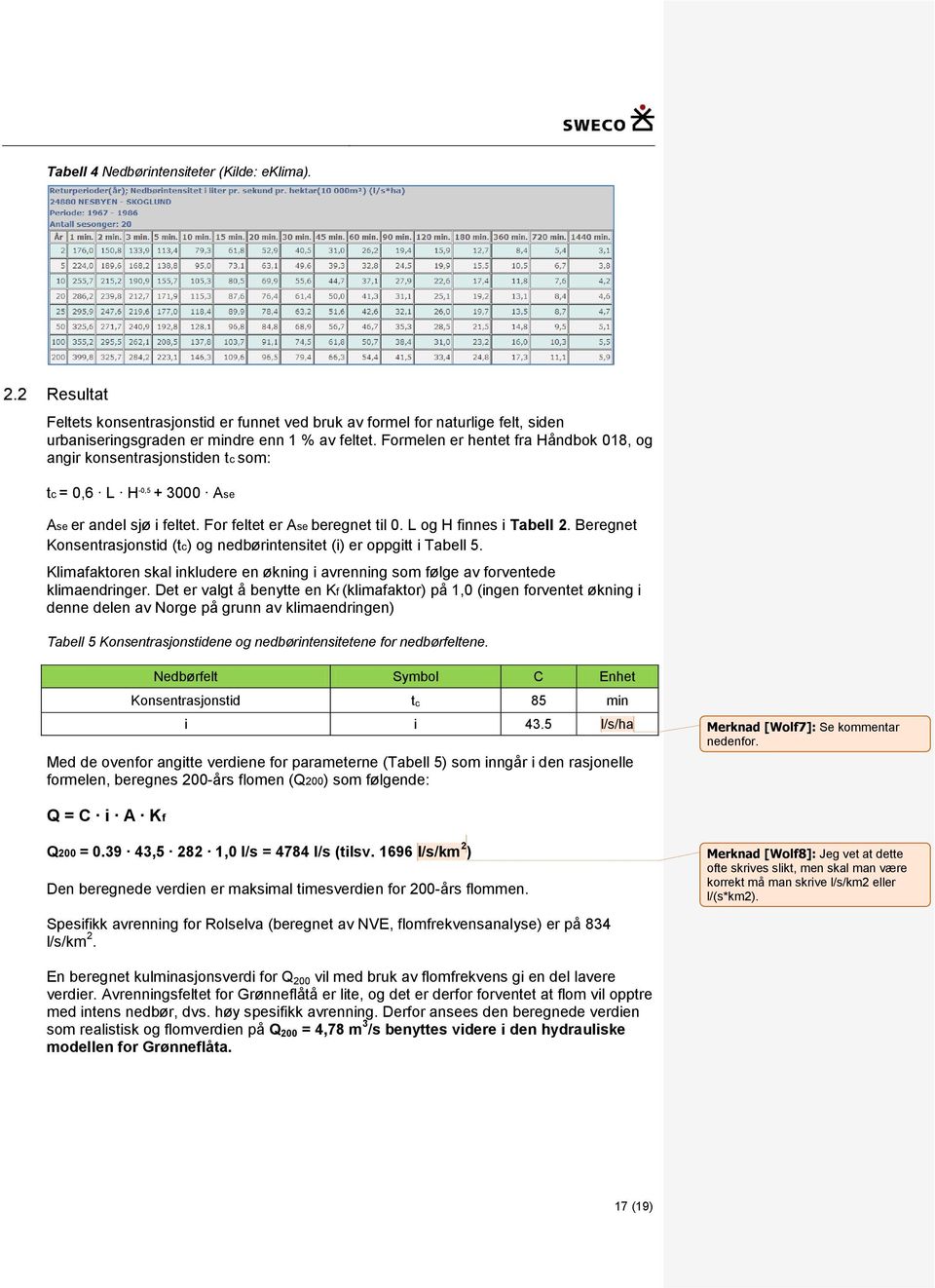 Beregnet Konsentrasjonstid (tc) og nedbørintensitet (i) er oppgitt i Tabell 5. Klimafaktoren skal inkludere en økning i avrenning som følge av forventede klimaendringer.