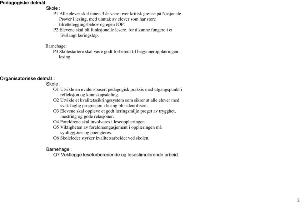 Barnehage: P3 Skolestartere skal være godt forberedt til begynneropplæringen i lesing Organisatoriske : Skole : O1 Utvikle en evidensbasert pedagogisk praksis med utgangspunkt i refleksjon og