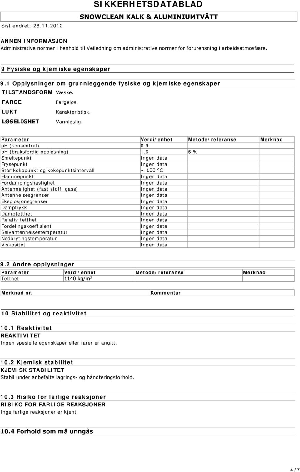 Parameter Verdi/enhet Metode/referanse Merknad ph (konsentrat) 0.9 ph (bruksferdig oppløsning) 1.