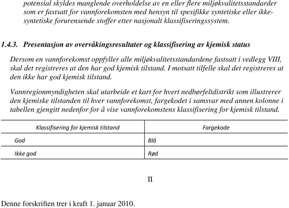 Presentasjon av overvåkingsresultater og klassifisering av kjemisk status Dersom en vannforekomst oppfyller alle miljøkvalitetsstandardene fastsatt i vedlegg VIII, skal det registreres at den har god