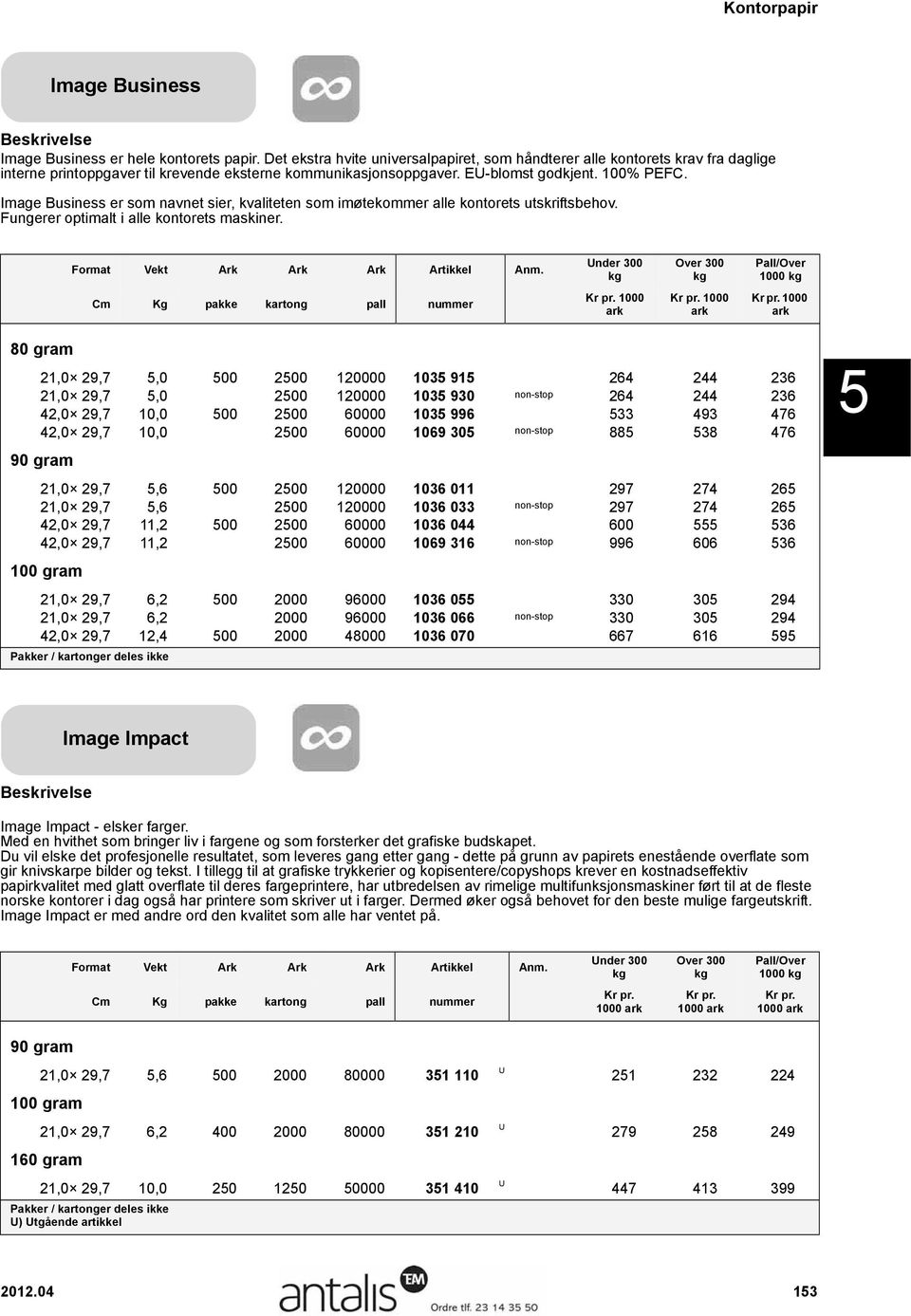 Slanger Image Business er som navnet sier, kvaliteten som imøtekommer alle kontorets utskriftsbehov. Fungerer optimalt i alle kontorets maskiner. Format Vekt Ark Ark Ark Artikkel Anm.