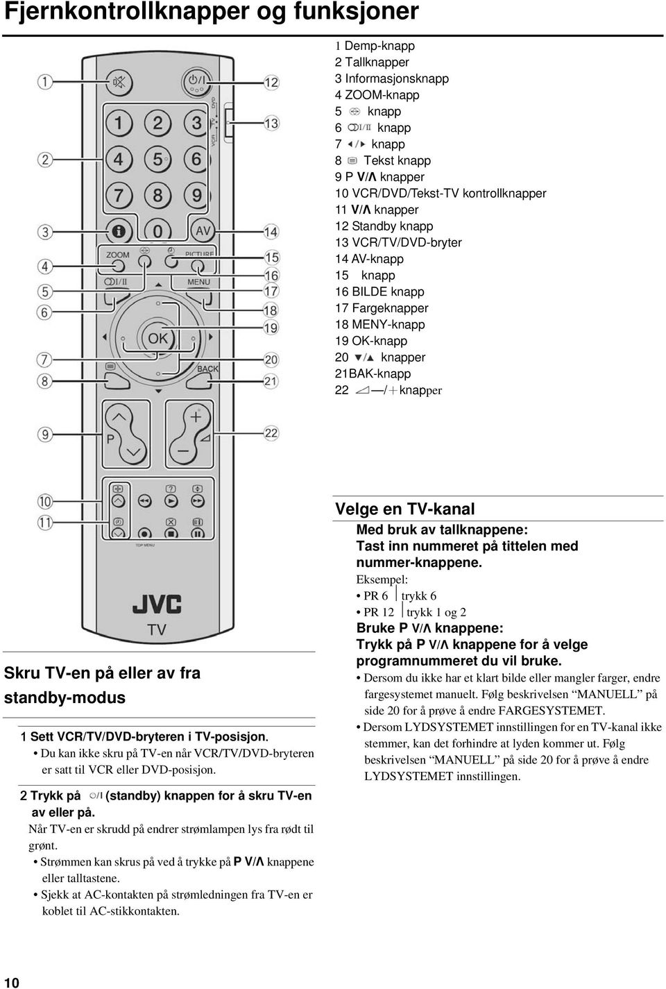 VCR/TV/DVD-bryteren i TV-posisjon. Du kan ikke skru på TV-en når VCR/TV/DVD-bryteren er satt til VCR eller DVD-posisjon. 2 Trykk på (standby) knappen for å skru TV-en av eller på.