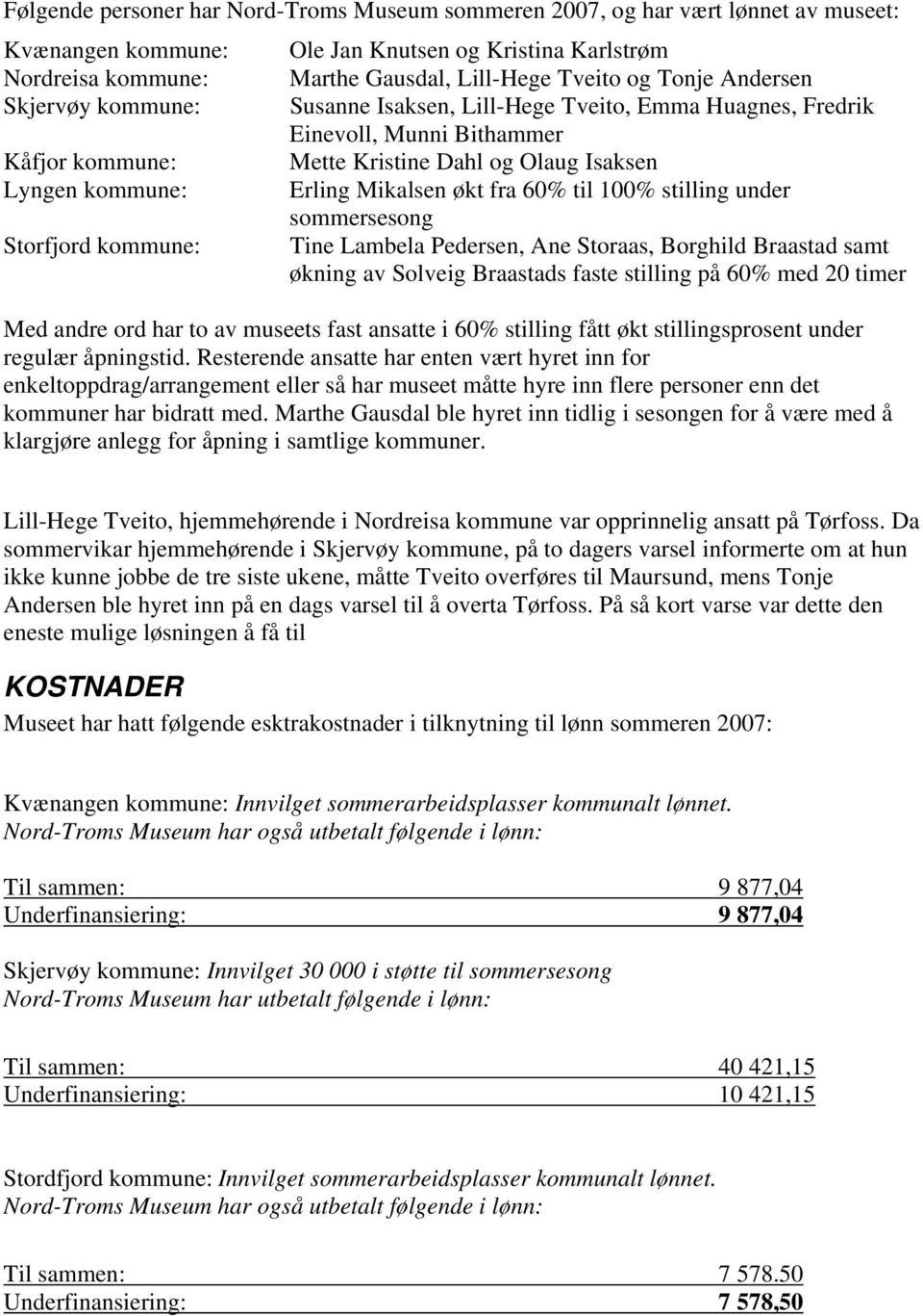 Mikalsen økt fra 60% til 100% stilling under sommersesong Storfjord kommune: Tine Lambela Pedersen, Ane Storaas, Borghild Braastad samt økning av Solveig Braastads faste stilling på 60% med 20 timer