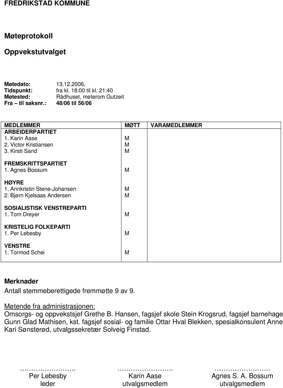 Bjørn Kjelsaas Andersen SOSIALISTISK VENSTREPARTI 1. Tom Dreyer KRISTELIG FOLKEPARTI 1. Per Lebesby VENSTRE 1. Tormod Schei erknader Antall stemmeberettigede fremmøtte 9 av 9.