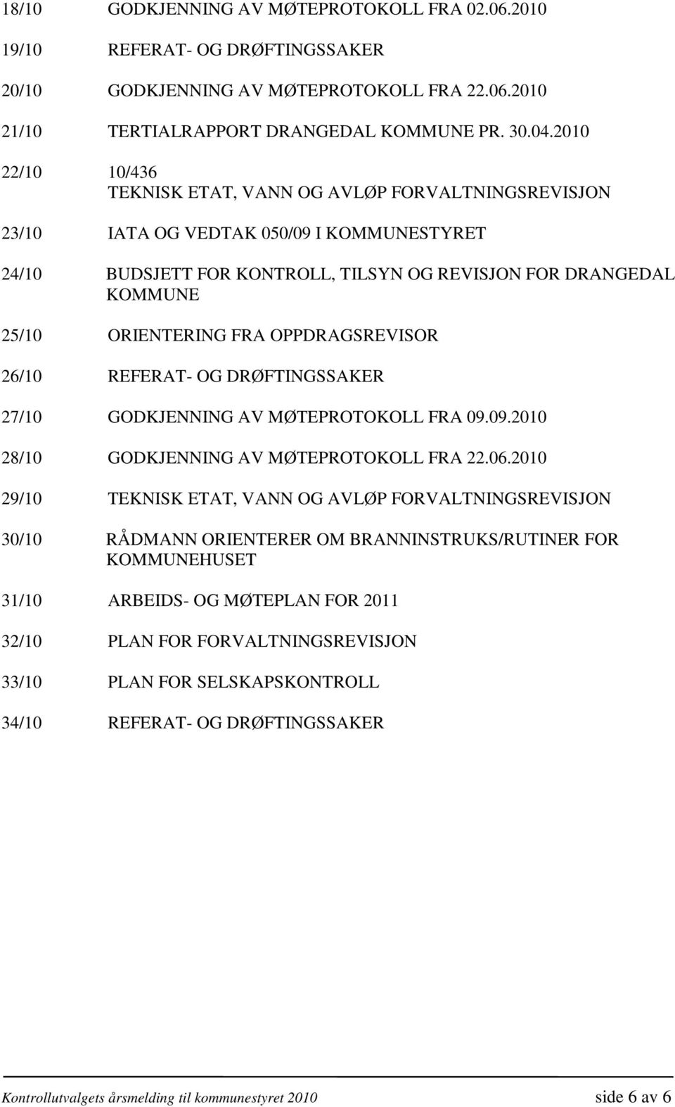 FRA OPPDRAGSREVISOR 26/10 REFERAT- OG DRØFTINGSSAKER 27/10 GODKJENNING AV MØTEPROTOKOLL FRA 09.09.2010 28/10 GODKJENNING AV MØTEPROTOKOLL FRA 22.06.