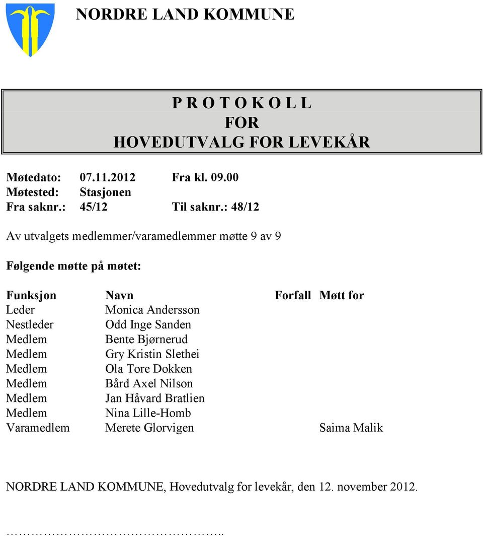 : 48/12 Av utvalgets medlemmer/varamedlemmer møtte 9 av 9 Følgende møtte på møtet: Funksjon Navn Forfall Møtt for Leder Monica Andersson