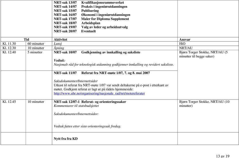 30 10 minutter Åpning NRT/AU Kl. 12.40 5 minutter NRT-sak 10/07 Godkjenning av innkalling og saksliste Vedtak: Nasjonalt råd for teknologisk utdanning godkjenner innkalling og revidert saksliste.