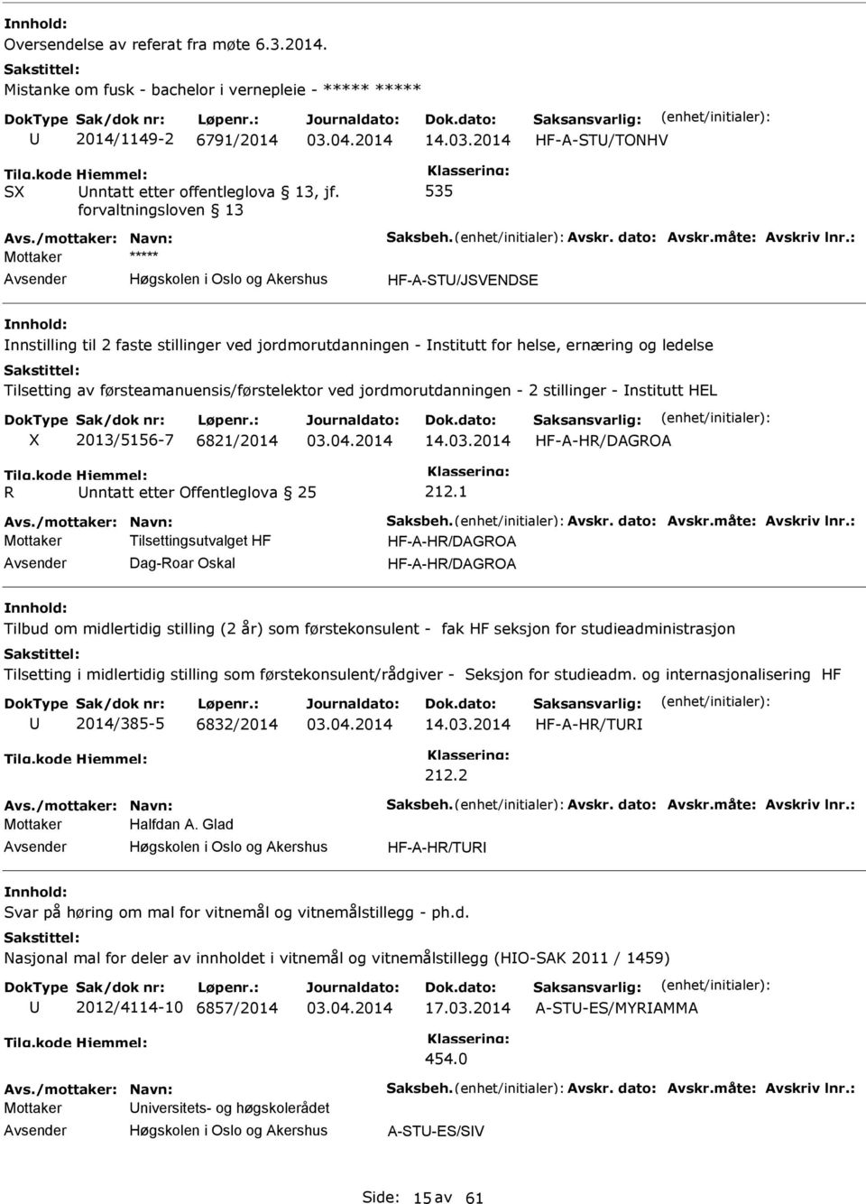 : Mottaker ***** HF-A-ST/JSVEDSE nnstilling til 2 faste stillinger ved jordmorutdanningen - nstitutt for helse, ernæring og ledelse Tilsetting av førsteamanuensis/førstelektor ved jordmorutdanningen