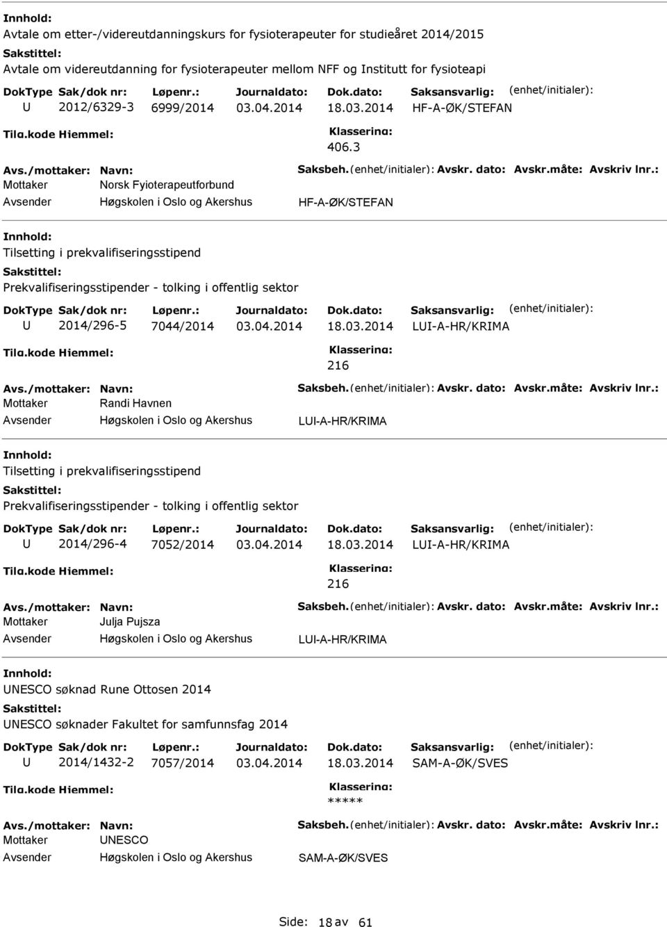 : Mottaker orsk Fyioterapeutforbund HF-A-ØK/STEFA Tilsetting i prekvalifiseringsstipend Prekvalifiseringsstipender - tolking i offentlig sektor 2014/296-5 7044/2014 18.03.2014 L-A-H/KMA 216 Avs.