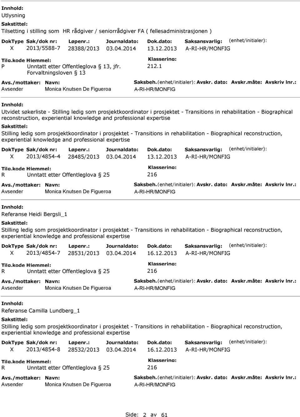 : Monica Knutsen De Figueroa A--H/MOFG tvidet søkerliste - Stilling ledig som prosjektkoordinator i prosjektet - Transitions in rehabilitation - Biographical reconstruction, experiential knowledge