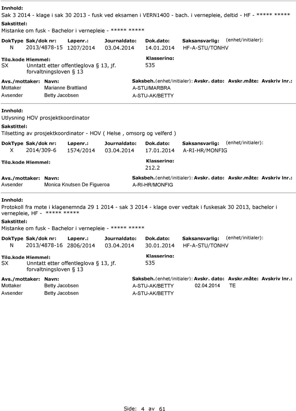 : Mottaker Marianne Brattland A-ST/MABA Betty Jacobsen A-ST-AK/BETTY tlysning HOV prosjektkoordinator Tilsetting av prosjektkoordinator - HOV ( Helse, omsorg og velferd ) 2014/309-6 1574/2014 17.01.2014 A--H/MOFG Avs.