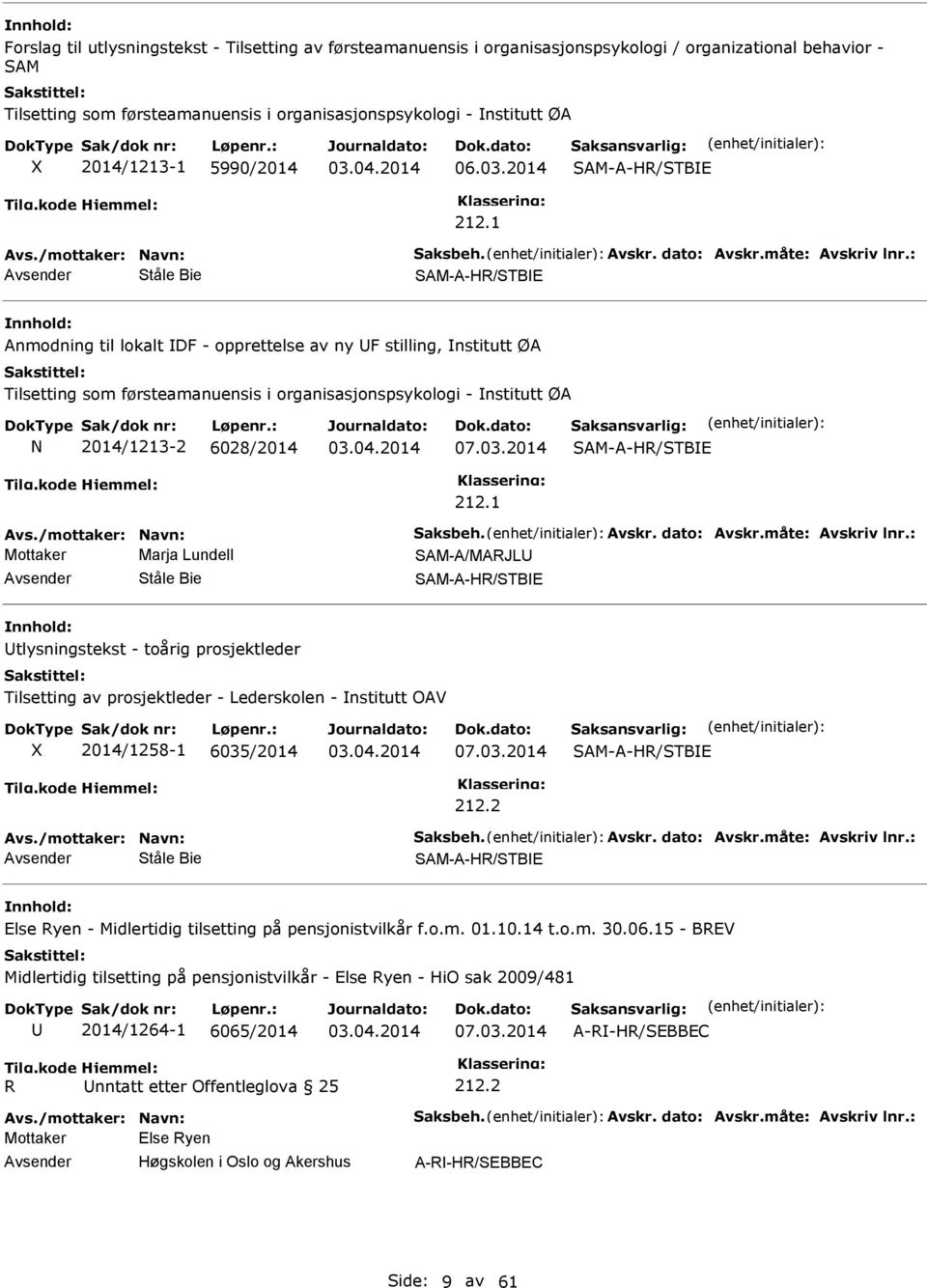 : Ståle Bie SAM-A-H/STBE Anmodning til lokalt DF - opprettelse av ny F stilling, nstitutt ØA Tilsetting som førsteamanuensis i organisasjonspsykologi - nstitutt ØA 2014/1213-2 6028/2014 07.03.
