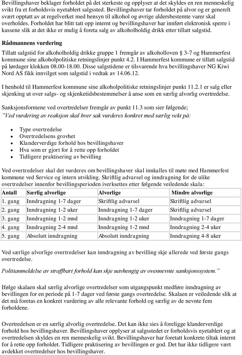 Forholdet har blitt tatt opp internt og bevillingshaver har innført elektronisk sperre i kassene slik at det ikke er mulig å foreta salg av alkoholholdig drikk etter tillatt salgstid.