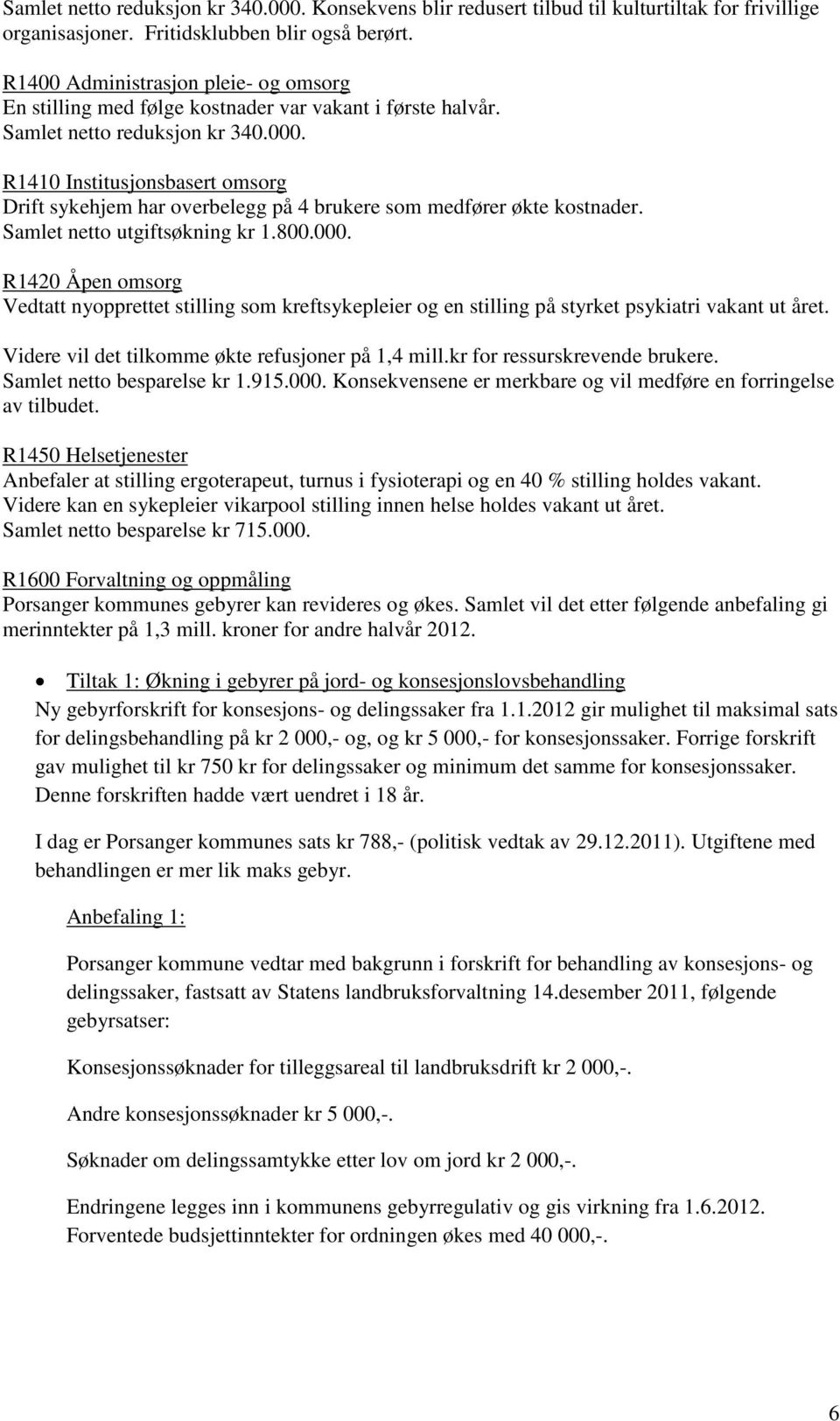 R1410 Institusjonsbasert omsorg Drift sykehjem har overbelegg på 4 brukere som medfører økte kostnader. Samlet netto utgiftsøkning kr 1.800.000.