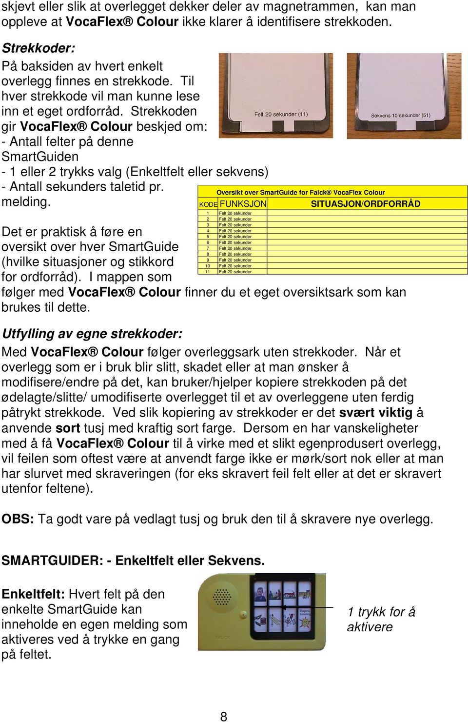 Strekkoden gir VocaFlex Colour beskjed om: - Antall felter på denne SmartGuiden - 1 eller 2 trykks valg (Enkeltfelt eller sekvens) - Antall sekunders taletid pr. melding.