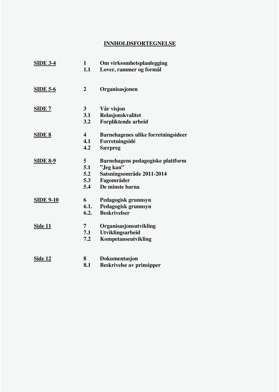 2 Særpreg SIDE 8-9 5 Barnehagens pedagogiske plattform 5.1 Jeg kan 5.2 Satsningsområde 2011-2014 5.3 Fagområder 5.