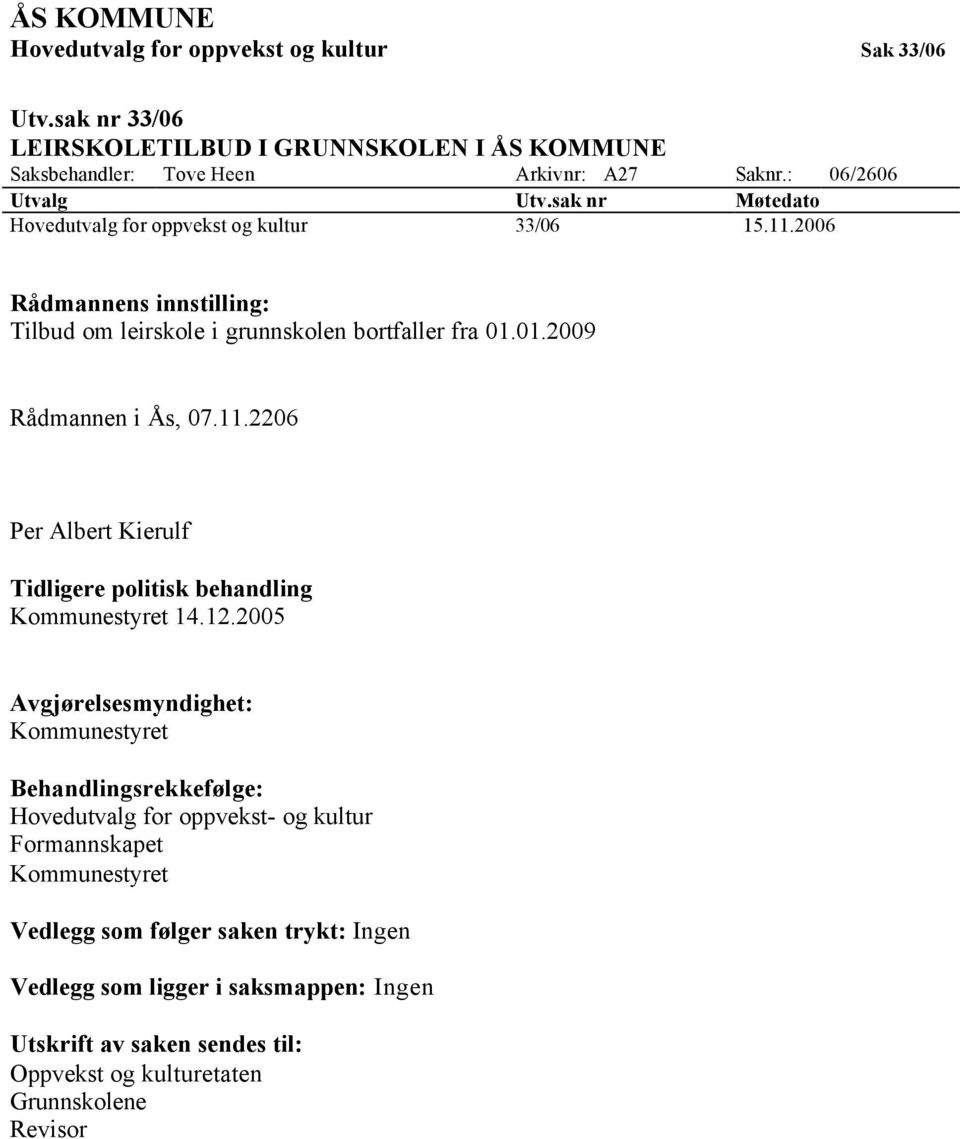 01.2009 Rådmannen i Ås, 07.11.2206 Per Albert Kierulf Tidligere politisk behandling Kommunestyret 14.12.