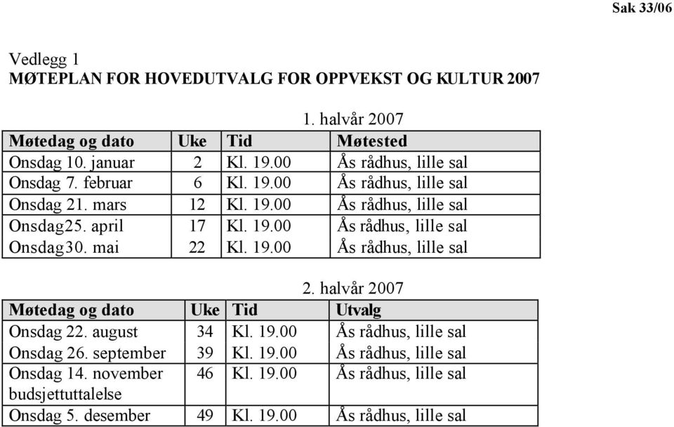 mai 22 Kl. 19.00 Ås rådhus, lille sal 2. halvår 2007 Møtedag og dato Uke Tid Utvalg Onsdag 22. august 34 Kl. 19.00 Ås rådhus, lille sal Onsdag 26. september 39 Kl.