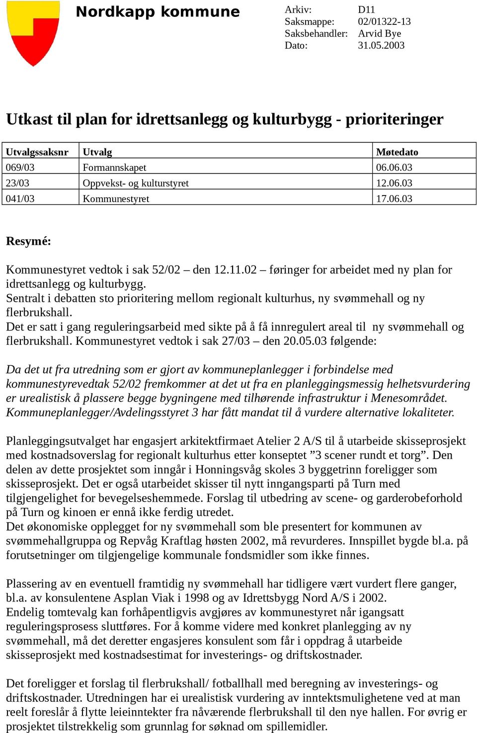 11.02 føringer for arbeidet med ny plan for idrettsanlegg og kulturbygg. Sentralt i debatten sto prioritering mellom regionalt kulturhus, ny svømmehall og ny flerbrukshall.