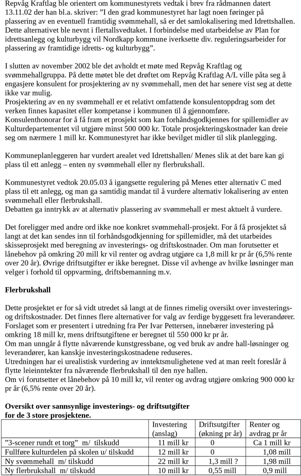 reguleringsarbeider for plassering av framtidige idretts- og kulturbygg. I slutten av november 2002 ble det avholdt et møte med Repvåg Kraftlag og svømmehallgruppa.